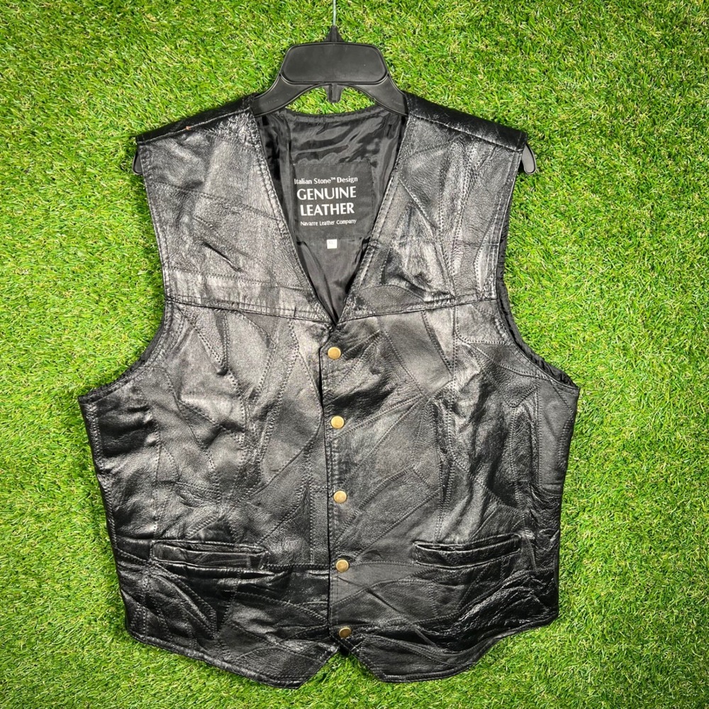 Navarre‎ Leather Company Italian Stone Design Patchwork Biker Vest Black XL 4320